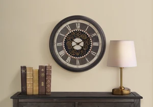 Clocks, 23" Round, Gear Mechanism, Wall Clock, Brown, Transitional Clocks, 23" Round, Gear Mechanism, Wall Clock, Brown, Transitional