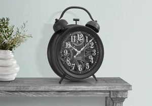 Clocks, 12" Round, Gear Mechanism, Table Clock, Black, Transitional Clocks, 12" Round, Gear Mechanism, Table Clock, Black, Transitional