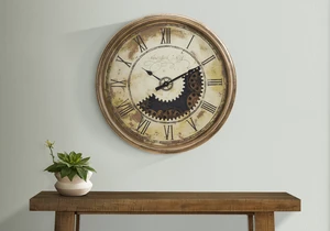 Clocks, 30" Round, Gear Mechanism, Large Oversized, Wall Clock, Antique Gold, Transitional Clocks, 30" Round, Gear Mechanism, Large Oversized, Wall Clock, Antique Gold, Transitional