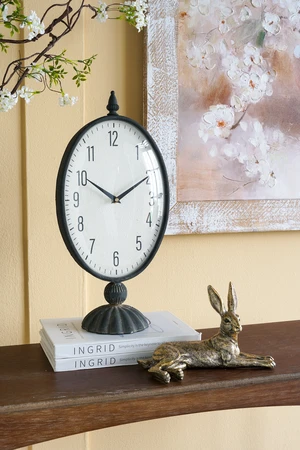 8.7x5.1x17.6" Vintage-Inspired Black Oval Table Clock with White Face and Pedestal Base 8.7x5.1x17.6" Vintage-Inspired Black Oval Table Clock with White Face and Pedestal Base
