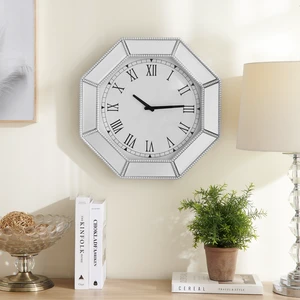 Mirrored wall clock with silver beaded octagonal glass trim, Modern Wall Clock, Decorative silver glass mirror clock for Living Room, Bedroom & Dining Room 17.7 inch