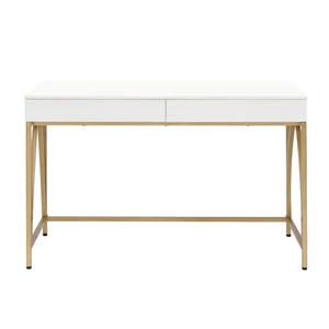 2 Drawers Writing Desk with Metal Trestle Base, White High Gloss and Gold 2 Drawers Writing Desk with Metal Trestle Base, White High Gloss and Gold