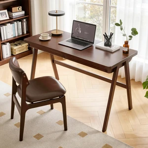 100% Solid Rubber Wood Computer Desk, Retro Walnut Writing Desk with Drawer, Sturdy A-Frame Leg, 39.37"×21.62", 1.38" Extra Thick Home Office Study Table