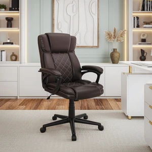 Ergonomic Executive Office Chair High Back Brown Faux Leather  Adjustable Height, Lumbar Support, Diamond-Stitched Padding, Swivel Desk Chair with Armrests & Tilt Recline for Home Office or Work