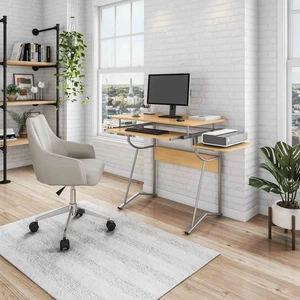Compact Computer Desk with Side Shelf and Keyboard Panel, Cherry Compact Computer Desk with Side Shelf and Keyboard Panel, Cherry
