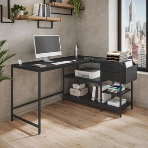 Modern L-Shaped Desk with Storage. Corner Computer Desk with Shelves, Drawers & Fabric Organizer for Home or Office, Black Modern L-Shaped Desk with Storage. Corner Computer Desk with Shelves, Drawers & Fabric Organizer for Home or Office, Black