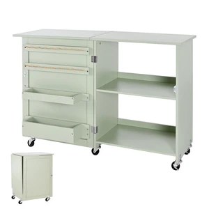 Folding Sewing Table, Multipurpose Sewing Machine Table with Compact Design, Wheels, Wooden Pegs, Storage Trays and Shelf, Magnetic Door Lock, Craft Station and Side Desk for Home, Light Green Folding Sewing Table, Multipurpose Sewing Machine Table with Compact Design, Wheels, Wooden Pegs, Storage Trays and Shelf, Magnetic Door Lock, Craft Station and Side Desk for Home, Light Green