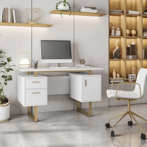 White and Gold Desk for Office with Drawers & Storage, 51.25" W White and Gold Desk for Office with Drawers & Storage, 51.25" W