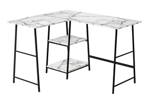 Computer Desk, Home Office, Corner, Storage Shelves, 48"l, L Shape, Work, Laptop, White Marble Look Laminate, Black Metal, Contemporary, Modern Computer Desk, Home Office, Corner, Storage Shelves, 48"l, L Shape, Work, Laptop, White Marble Look Laminate, Black Metal, Contemporary, Modern