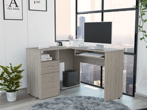 Mix L-Shaped Desk, Keyboard Tray, Two Drawers, Single Open Shelf -Light Gray Mix L-Shaped Desk, Keyboard Tray, Two Drawers, Single Open Shelf -Light Gray