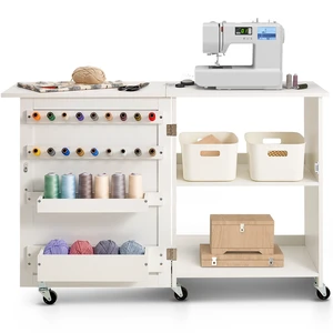 Folding Sewing Table with Lockable Wheels Storage Shelves Trays Door White Folding Sewing Table with Lockable Wheels Storage Shelves Trays Door White