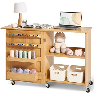 Folding Sewing Table, Multipurpose Sewing Machine Table with Compact Design, Wheels, Shelves, Storage Trays, Wooden Pegs, and Magnetic Doors, Sewing Desk Cabinet for Sewing Machine, Wood Color Folding Sewing Table, Multipurpose Sewing Machine Table with Compact Design, Wheels, Shelves, Storage Trays, Wooden Pegs, and Magnetic Doors, Sewing Desk Cabinet for Sewing Machine, Wood Color
