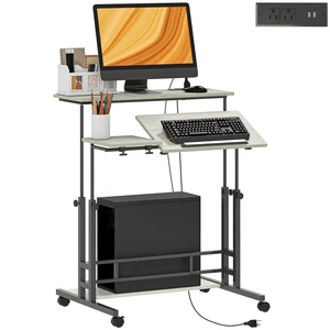 HOMCOM Standing Desk with Power Outlets, Height Adjustable Stand Up Desk with Tiltable Tabletop, Lockable Wheels, Shelf, for Home Office, Oak HOMCOM Standing Desk with Power Outlets, Height Adjustable Stand Up Desk with Tiltable Tabletop, Lockable Wheels, Shelf, for Home Office, Oak