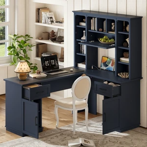 L-Shaped Computer Desk with 2 Cabinets and 2 Drawers, 11 Open Shelves and 1 Right Flip Shelf with Storage, with Power Outlet, for Study, Living Room and Office, Blue L-Shaped Computer Desk with 2 Cabinets and 2 Drawers, 11 Open Shelves and 1 Right Flip Shelf with Storage, with Power Outlet, for Study, Living Room and Office, Blue