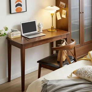 Small Solid Wood Desk with Storage Drawer, Minimalist Vintage Computer Work Table, Compact Home Office Writing Desk for Bedroom & Small Spaces, Walnut Brown Small Solid Wood Desk with Storage Drawer, Minimalist Vintage Computer Work Table, Compact Home Office Writing Desk for Bedroom & Small Spaces, Walnut Brown