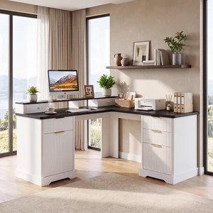 59" Modern Fluted L-Shaped Desk with Charging Station & Storage Cabinet - Home Office Computer Desk with Monitor Stand, File Drawer and Removable Support Shelf for Study, Home Office, White 59" Modern Fluted L-Shaped Desk with Charging Station & Storage Cabinet - Home Office Computer Desk with Monitor Stand, File Drawer and Removable Support Shelf for Study, Home Office, White