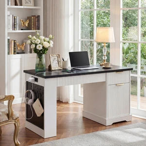 55" Modern Fluted Office Desk with Storage Cabinet & Drawers, Computer Writing Desk with Power Outlet, Pegboard, Built-in Shelves and Keyboard Tray for Study, Living Room, Home Office, White 55" Modern Fluted Office Desk with Storage Cabinet & Drawers, Computer Writing Desk with Power Outlet, Pegboard, Built-in Shelves and Keyboard Tray for Study, Living Room, Home Office, White