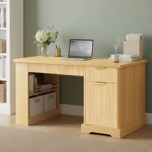 55" Modern Fluted Office Desk with Storage Cabinet & Drawers, Computer Writing Desk with Power Outlet, Pegboard, Built-in Shelves and Keyboard Tray for Study, Living Room, Home Office, Natural 55" Modern Fluted Office Desk with Storage Cabinet & Drawers, Computer Writing Desk with Power Outlet, Pegboard, Built-in Shelves and Keyboard Tray for Study, Living Room, Home Office, Natural