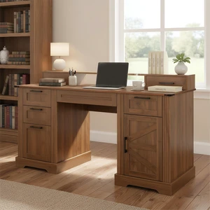 59" Farmhouse Office Desk With Charging Station & Storage Cabinet, Barn Door Design Home Study Desk with File Drawer, Monitor Stand and Keyboard Tray for Office, Study, Living Room, Dark Walnut 59" Farmhouse Office Desk With Charging Station & Storage Cabinet, Barn Door Design Home Study Desk with File Drawer, Monitor Stand and Keyboard Tray for Office, Study, Living Room, Dark Walnut
