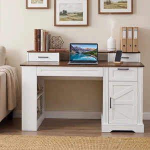 55" Farmhouse Office Desk with Storage Cabinet & Charging Station, Barn Door Design Computer Writing Desk with Keyboard Tray, Monitor Stand and Pegboard for Study, Living Room, Home Office, White 55" Farmhouse Office Desk with Storage Cabinet & Charging Station, Barn Door Design Computer Writing Desk with Keyboard Tray, Monitor Stand and Pegboard for Study, Living Room, Home Office, White