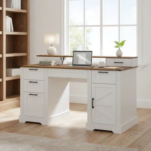 59" Farmhouse Office Desk With Charging Station & Storage Cabinet, Barn Door Design Home Office Study Desk with File Drawer, Monitor Stand and Keyboard Tray for Office, Study, Living Room, White 59" Farmhouse Office Desk With Charging Station & Storage Cabinet, Barn Door Design Home Office Study Desk with File Drawer, Monitor Stand and Keyboard Tray for Office, Study, Living Room, White
