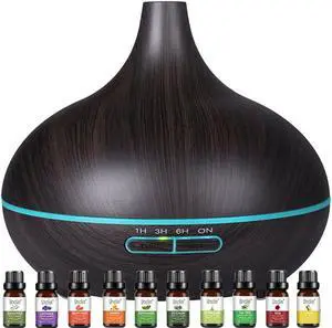 Gemdeck Ultrasonic Humidifiers with 10 Essential Oils, Aromatherapy Diffuser & Essential Oil Sets- 400ml Diffuser with 4 Timer & 7 Ambient Light Settings Black