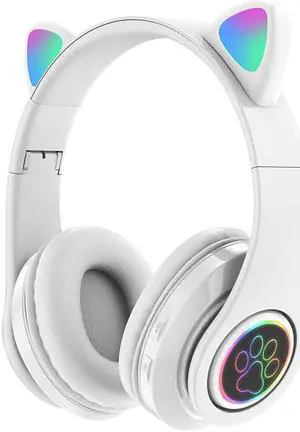 Gemdeck Cat Ear Bluetooth Headset Luminous Cat Ear Wireless Headset Pluggable Cable White