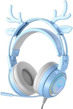 Gemdeck Wired Headphones Cute Antler Bluetooth Foldable Headphones Gift Blue