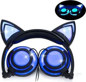 Gemdeck Cat Ear Headphones for Kids, LED Light with USB Chargeable Foldable Earphones