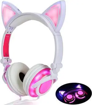 Gemdeck Cat Ear Headphones for Kids, LED Light with USB Chargeable Foldable Earphones Pink