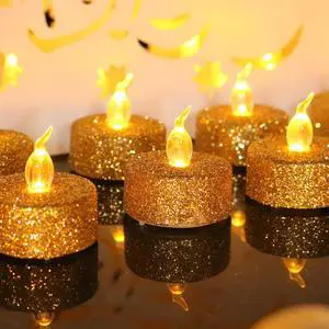 Gemdeck 12pcs LED Tea Lights Candles Gold Powder Sequin Fake Unscented Flameless Candles