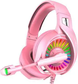 Gemdeck Gaming Headset with Microphone, Headphones with LED RGB Light, Stereo Surround Sound Pink