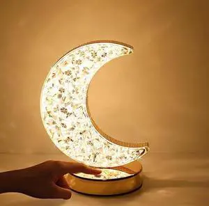Gemdeck Crystal Moon Table Lamp, Touch Nightstand Lamp for Bedroom, 3 Colors Modes, Moon Night Light