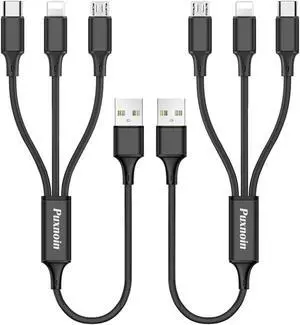 Multi Charging Cable 2Pack Multi Charger Cable Short 1FT Braided Universal 3 in 1 Multiple USB Cable Charging Cord with Type-C Micro USB Port Connectors for Cell Phone Tablets and More