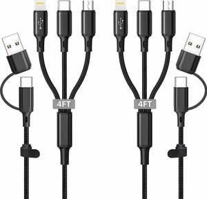 6 in 1 Multi Charging Cable 2Pack 4ft Multi USB Universal Phone Charging Cable, USB A/C to Phone USB C Micro USB Lightning Connector Nylon Braided Charging Cord Compatible with iPhone/Samsung-Black
