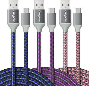 Fasgear USB C to USB A Cables 3 Pack 10ft Long 3A Fast Charging Type C 2.0 Charger Cord Nylon Braided Compatible with Galaxy S20 Note 10 S9 S8 A70 A60 A51/LG V20 G6/Moto G/PS 5 (Blue Purple Pink)