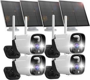 Rraycom 4 Pack Security Cameras Wireless Outdoor Solar Powered with AI Detection, 2K Color Night Vision Security Camera with 2 Way Audio, Alexa, No Monthly Fee, Spotlight & Siren, IP65 Waterproof