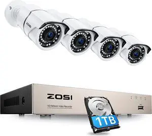 Gadpiparty ZOSI 8CH 5MP PoE Home Security Camera System,H.265+ 8 Channel 5MP NVR with 1TB Hard Drive,4pcs Wired 5MP Outdoor Indoor PoE IP Cameras,120ft Night Vision,Motion Alert,Remote Access for 24/