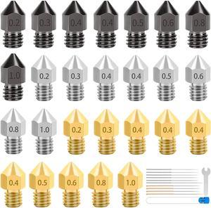 26PCS 3D Printer Extruder Nozzles Hardened Steel, Stainless Steel, Brass High Temperature Pointed Wear Resistant Nozzle 0.2 0.3 0.4 0.5 0.6 0.8 1.0 mm
