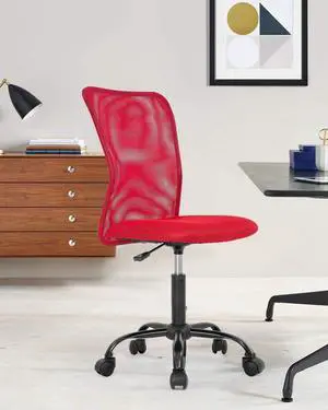 Office Chair No Arms Small Desk Chair with Lumbar Support Mesh Chair Mid Back Home Office Chair Swivel Computer Task Chair Armless Adjustable Swivel Task Chair Poster Chair for Girls Women- Red