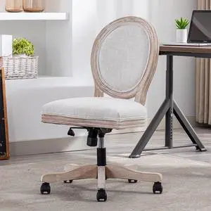 LukeAlon Vintage Linen Office Chair, Adjustable Height Swivel Task Chair with Wood Frame Armless Desk Chair with Wheels Upholstered Round Back Vanity Chair for Home Office Study Room, Beige