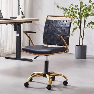 Modern Leather Desk Chiar Gold and Black Office Chair Cute Desk Chiar Mid Back Conference Chairs with Wheels and Arms Comfortable Computer Swivel Task Chair(Black) Modern Leather Desk Chiar Gold and Black Office Chair Cute Desk Chiar Mid Back Conference Chairs with Wheels and Arms Comfortable Computer Swivel Task Chair(Black)