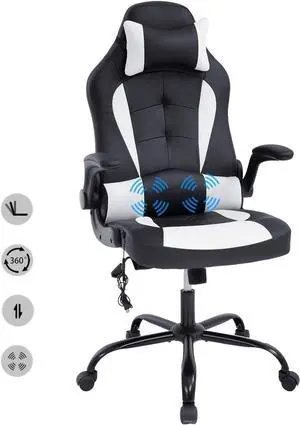 HCB Office Chair, Gaming Chair, Ergonomic Computer Desk Chair High Back Rolling Swivel Height Adjustable with Flip-Up Arms, Headrest and Lumbar Support, Massager, Leather White