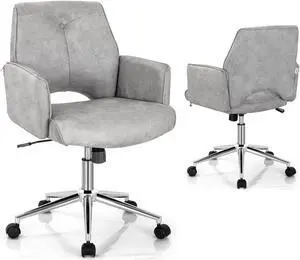Giantex Home Office Chair Grey, Faux Leather Adjustable Swivel Desk Chair with Wheels and Armrests, Modern Mid-Back Computer Chair, Upholstered Conference Chair for Office