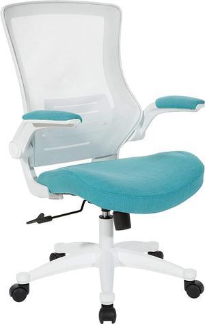 Office Star Ventilated White Screen Back Manager's Office Chair with Padded Color Flip Arms with White Nylon Base, Linen Turquoise Fabric