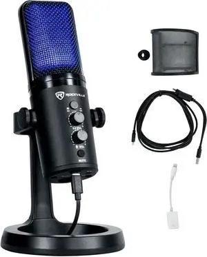 Rockville Rock-Stream PRO Dual Pattern USB Microphone, 24-Bit/192kHz, Cardioid/Bi-Directional, LED Clipping Indicator, Headphone Monitoring, for Gaming, Streaming, Podcasting