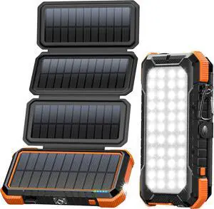 Solar Charger Power Bank PD 18W Fast Charging 20000mAh Battery Pack with 4 Foldable Panels Portable Solar Powered USB C Charger with Camping Flashlight Compass Carabiner for Cell Phone