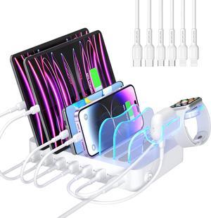 SooPii Premium 6-Port USB Charging Station Organizer for Multiple Devices 6 Short Charging Cables and One Upgraded i-Watch Charger Holder Included for Phones Tablets and Other Electronics White
