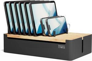 Choice Black Wooden Charging Station Organizer for Multiple Devices - Cable Management Box with 5 Slots and Removable Dividers - Charger Organizer for Phone, Tablet, Home, Office, 12"x6"x7"