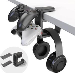 3-in-1 PC Gaming Headphone &Controller Holder - EURPMASK Headphones Hanger w/Adjustable &Rotating Arm Clamp,Headphone Stand Under Desk, Universal Headset Controllers Hook with Cable Organizer-Black